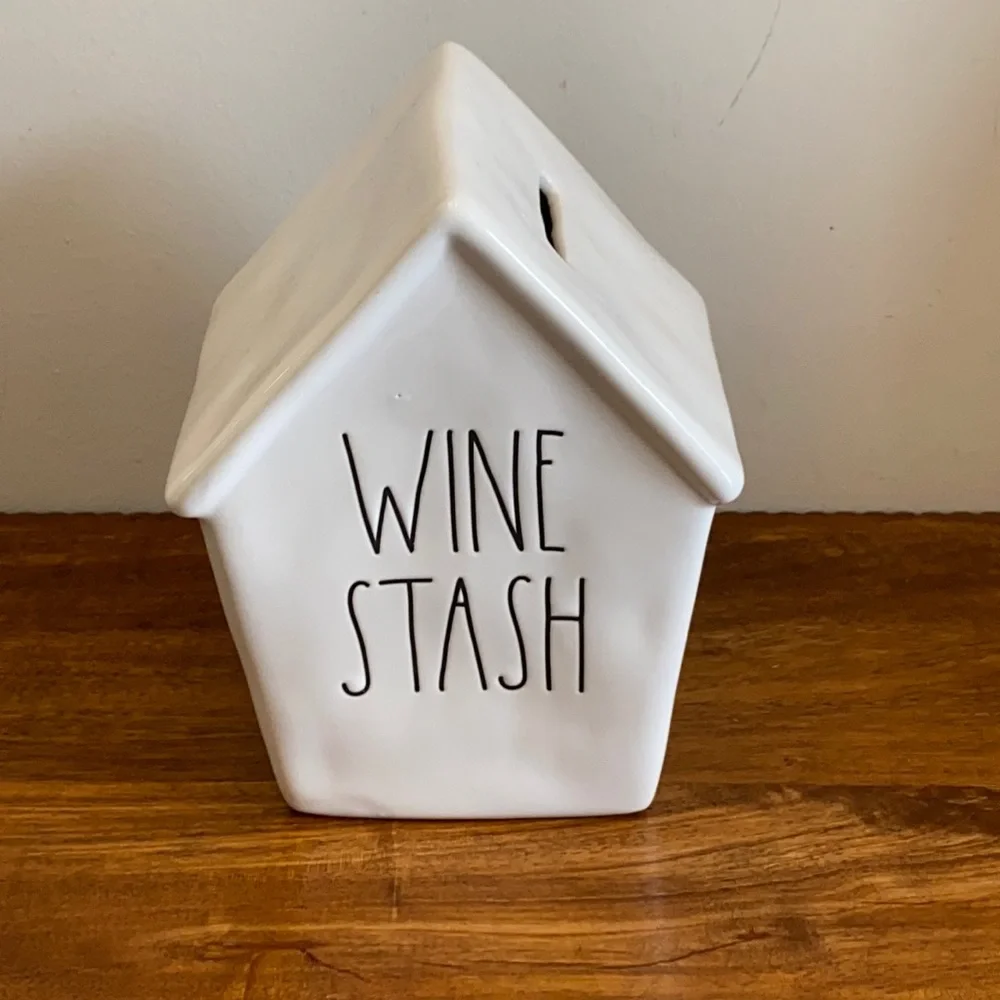 NWOT Rae Dunn Wine Stash Ceramic Cork Bank Magenta Black Lettering